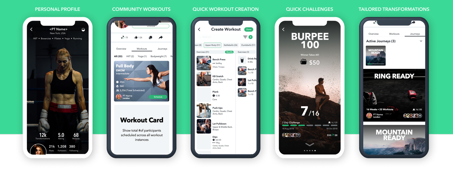 12sixteen app showing profiles, community workouts, workout creation, challenges and transformations